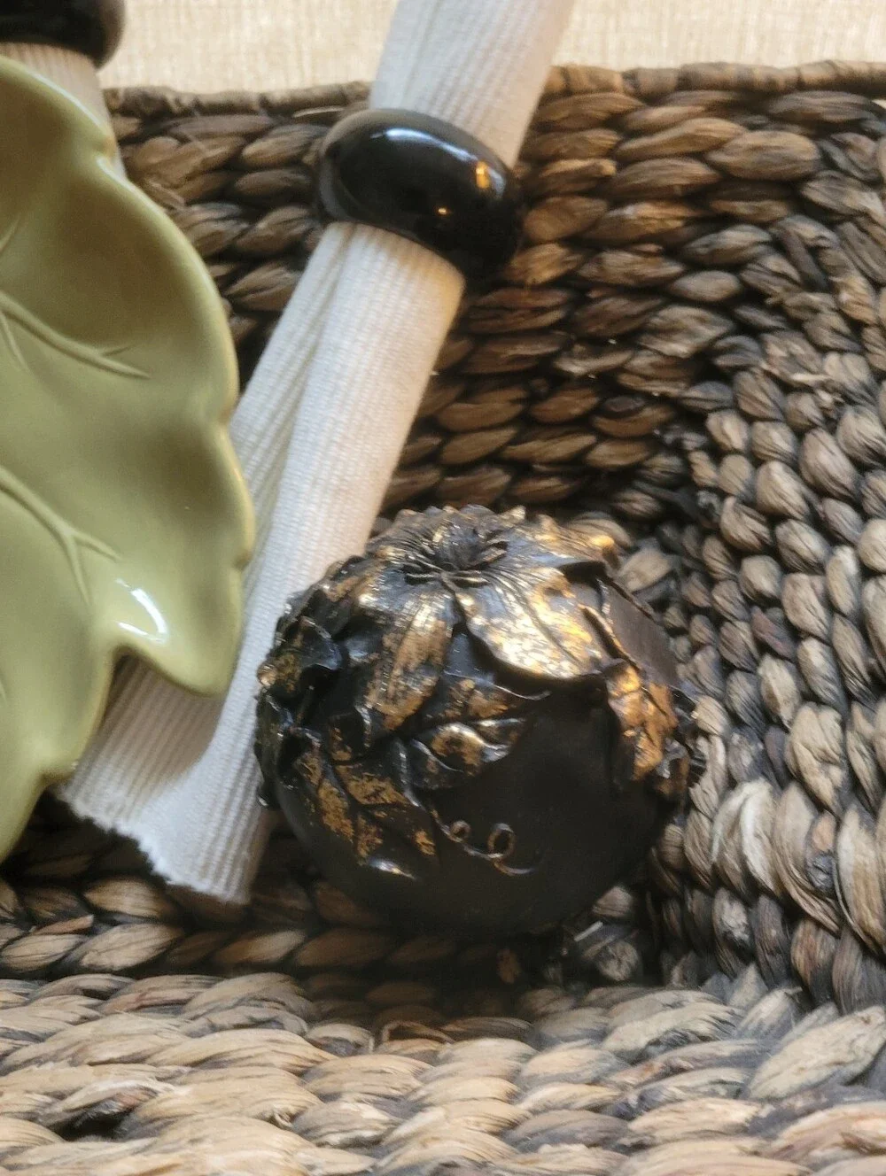 Curated Autumn Tablescape Collection | Olive Leaf Dish, Black Napkin Rings, Fall